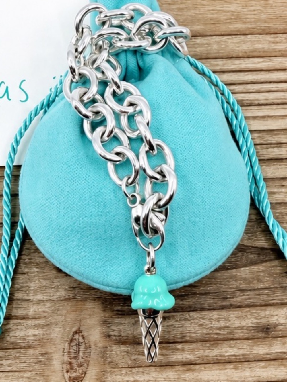 Tiffany & Co. BLUE Enamel Ice Cream Cone Charm Pendant Bracelet Silver 7.5"